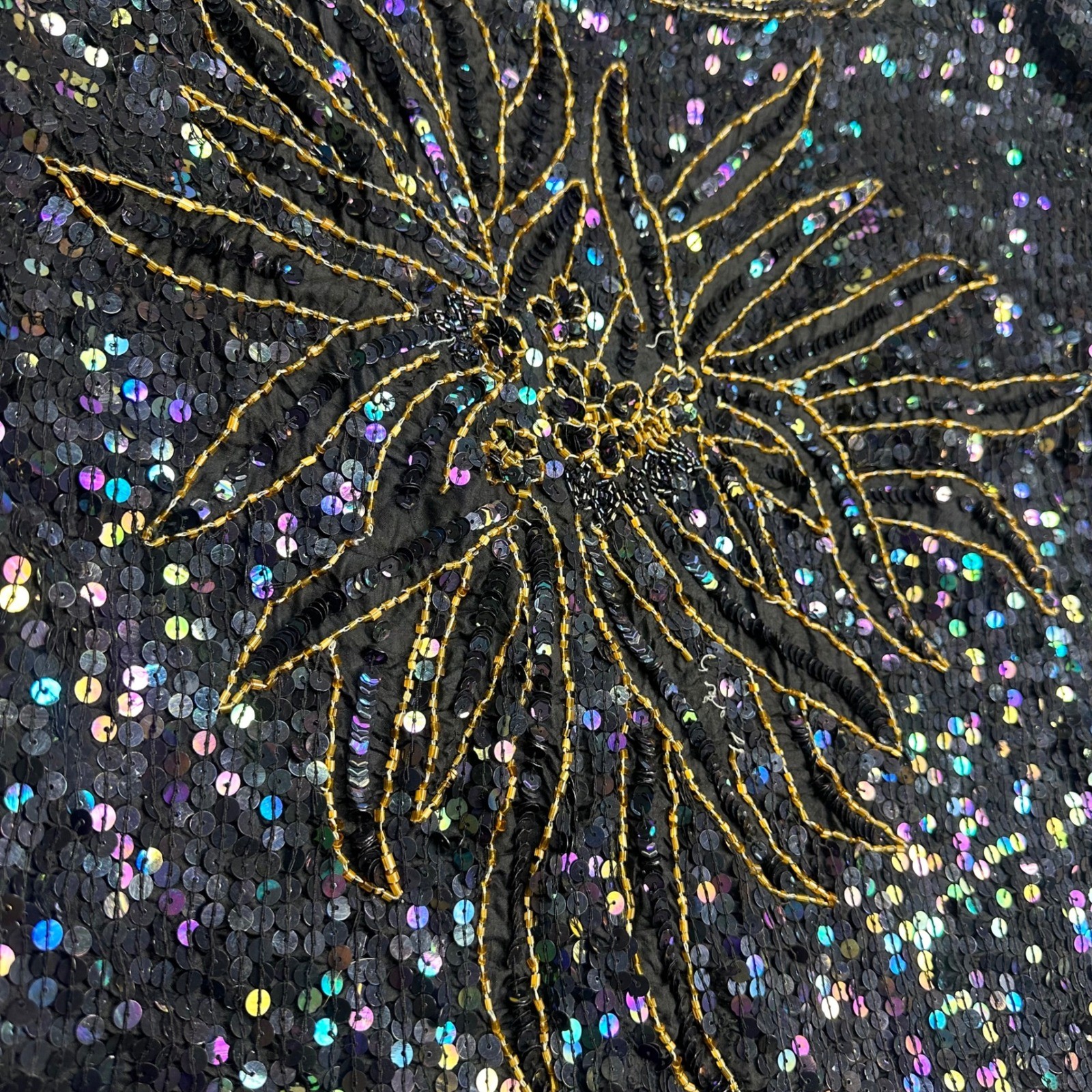 Cotton Castle Vintage Silk Sequin Beaded Top Black Iridescent Floral Sunburst XL