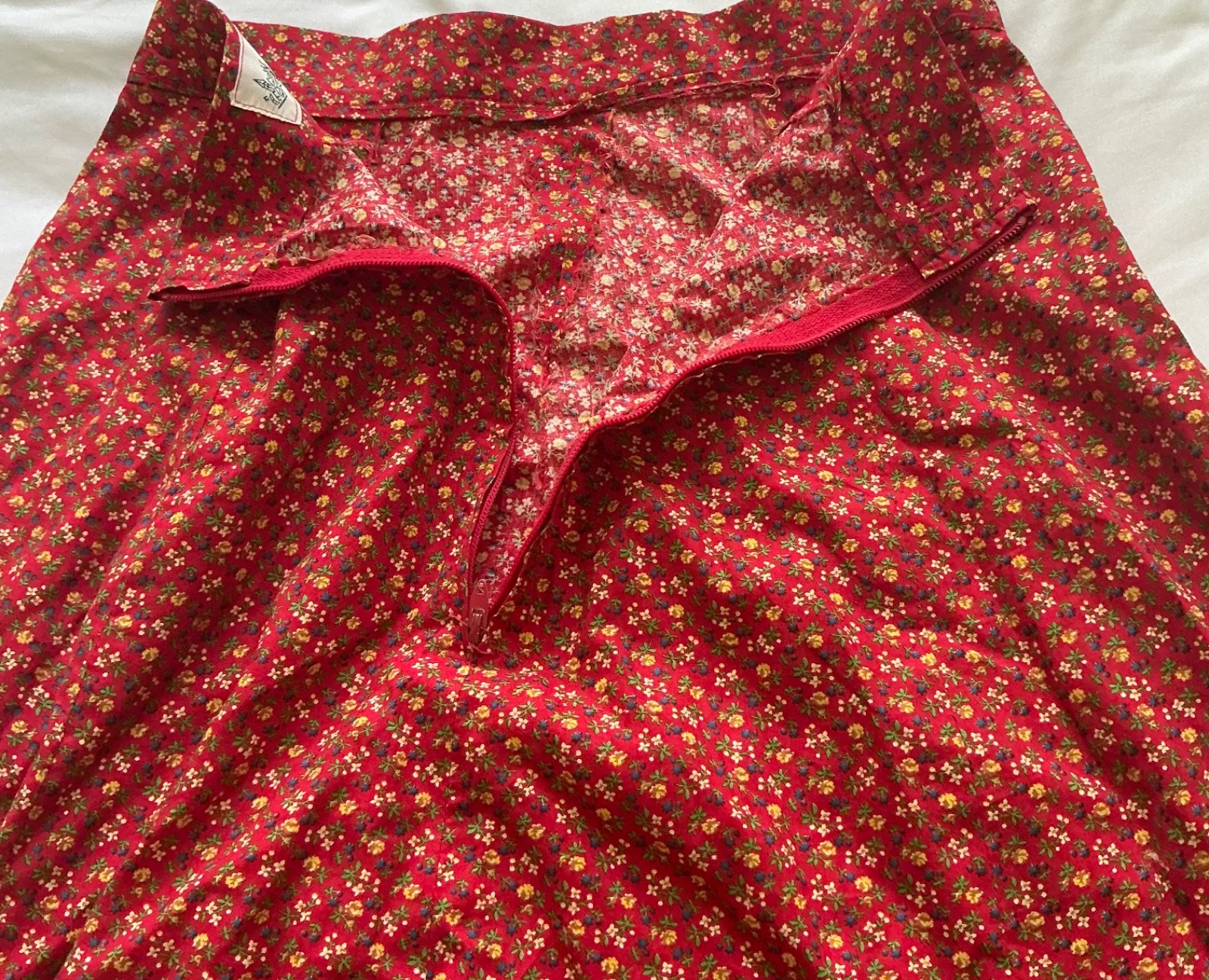 Vtg 70s Belle France Jane Schaffhausen Prairie Maxi Skirt Red Floral Calico 12