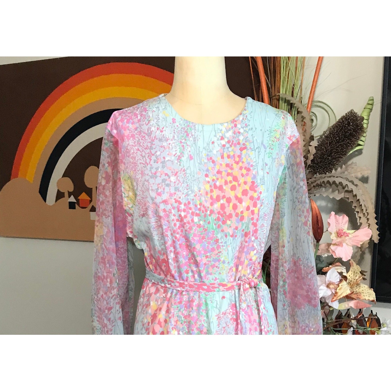 Vintage 1970s Mary Roberts Pastel Floral Dress with Detachable Chiffon Vest