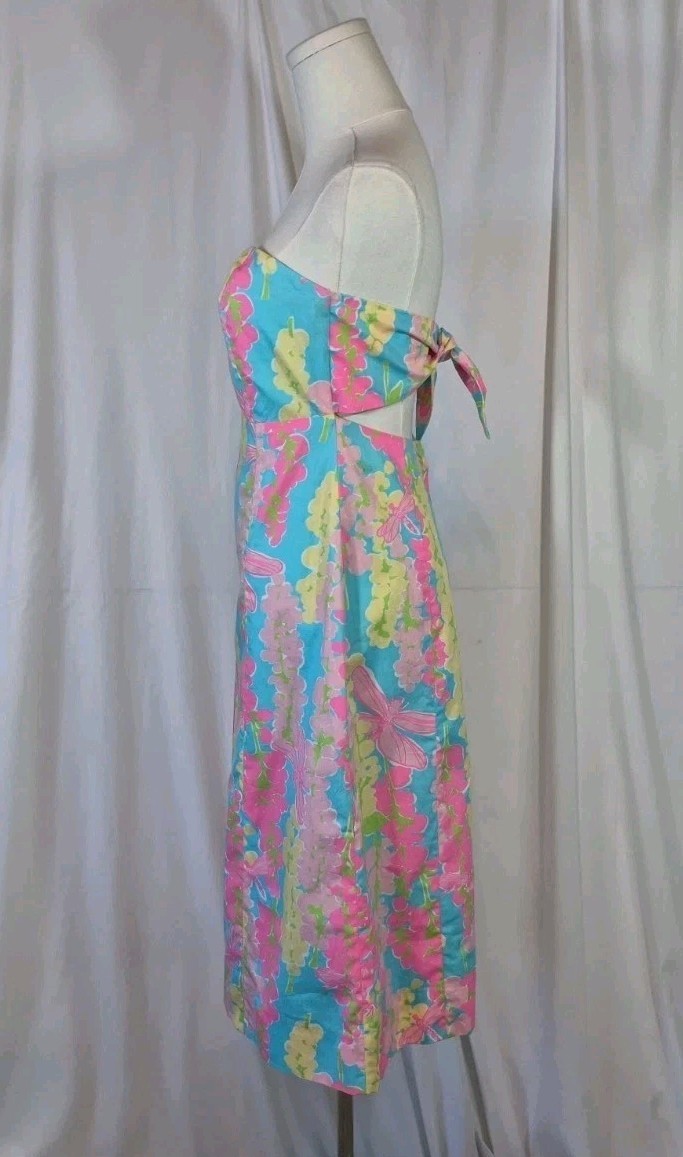 Vintage Lilly Pulitzer Snappy Dragonfly Strapless Dress Blue Pink US 2