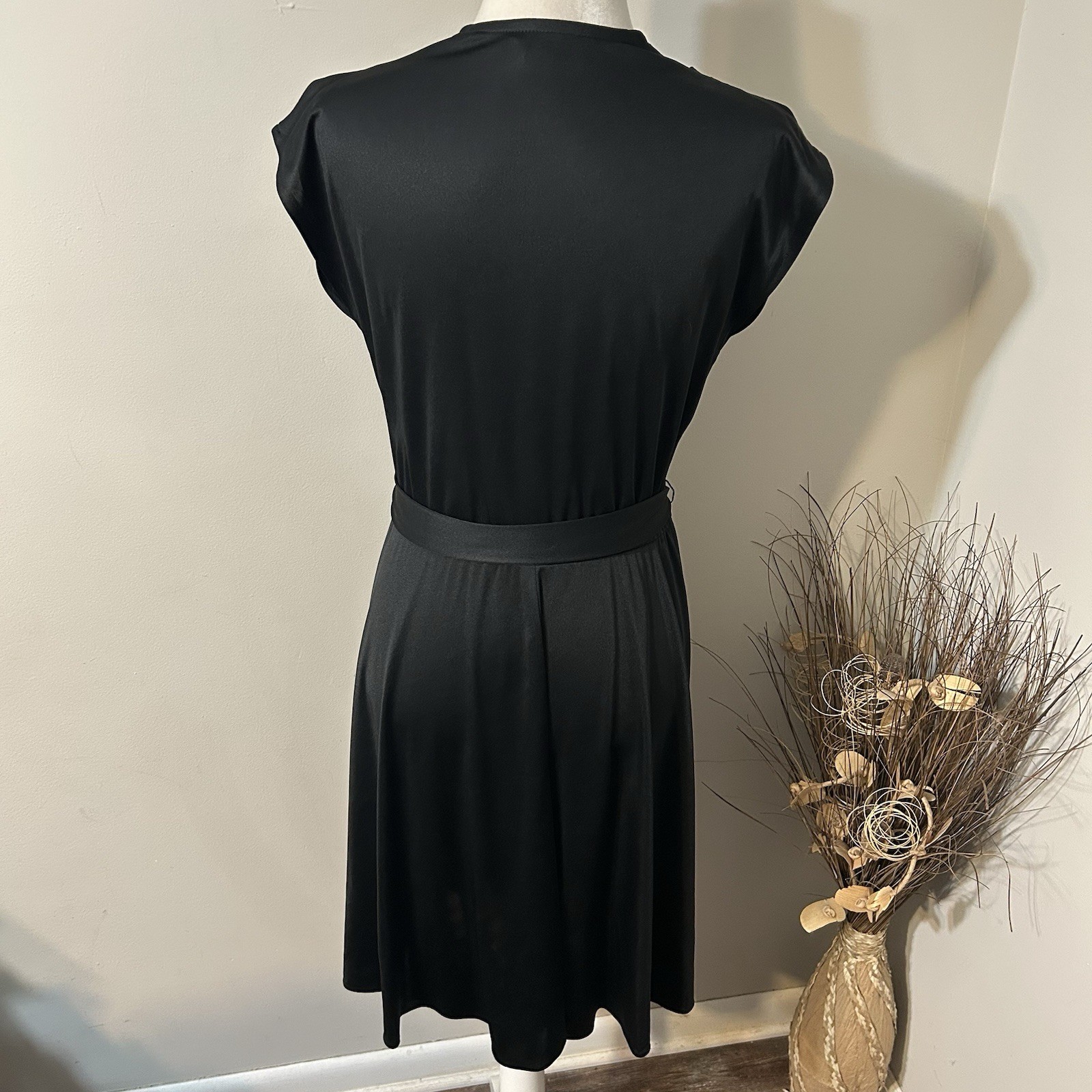 Vtg 89s Alison Peters Black Faux Wrap Midi Dress Cap Sleeve Pleated Belt Sz 10 ?