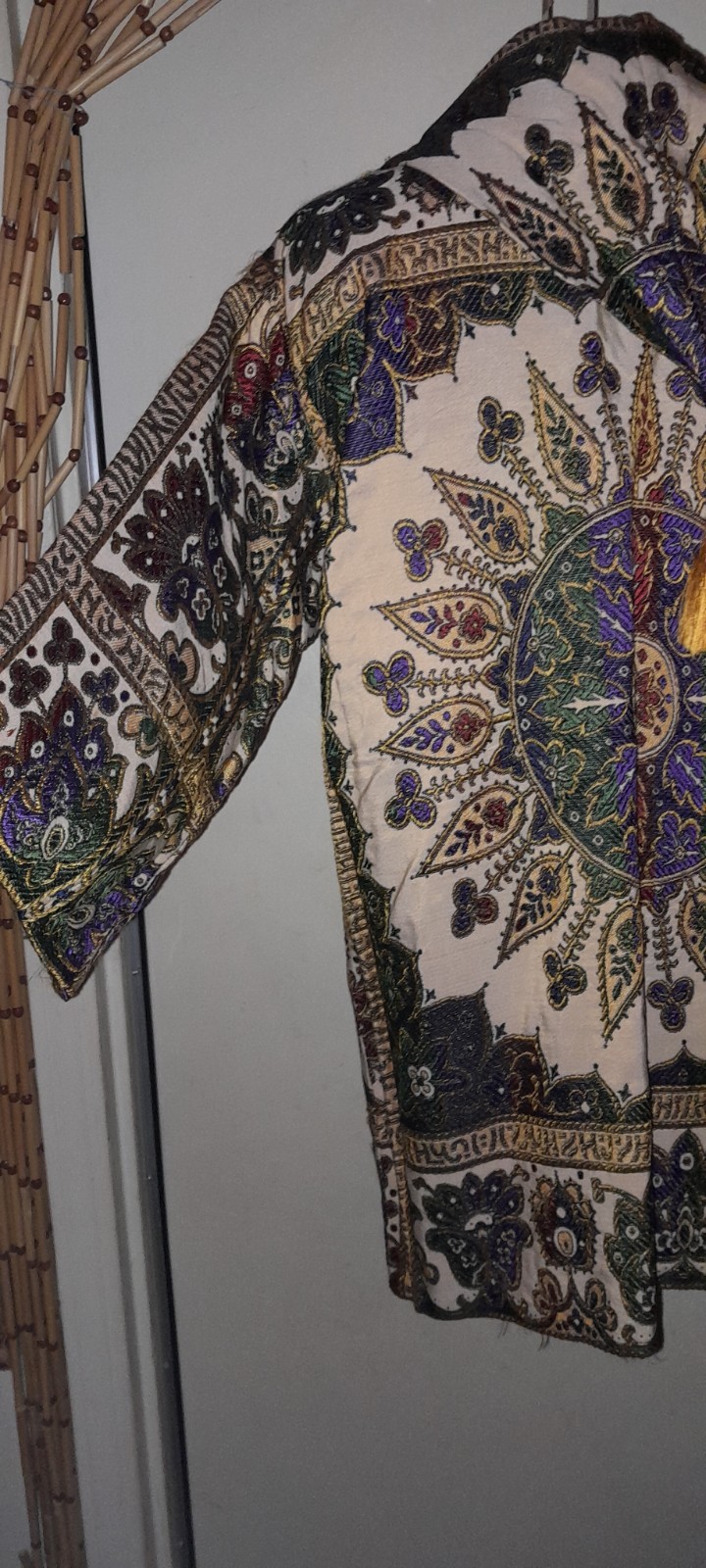 Vtg 60s 70s Tassle Hood DAMASK Jaquard Tapestry Rayon Ethnic Morroco Jacket Coat