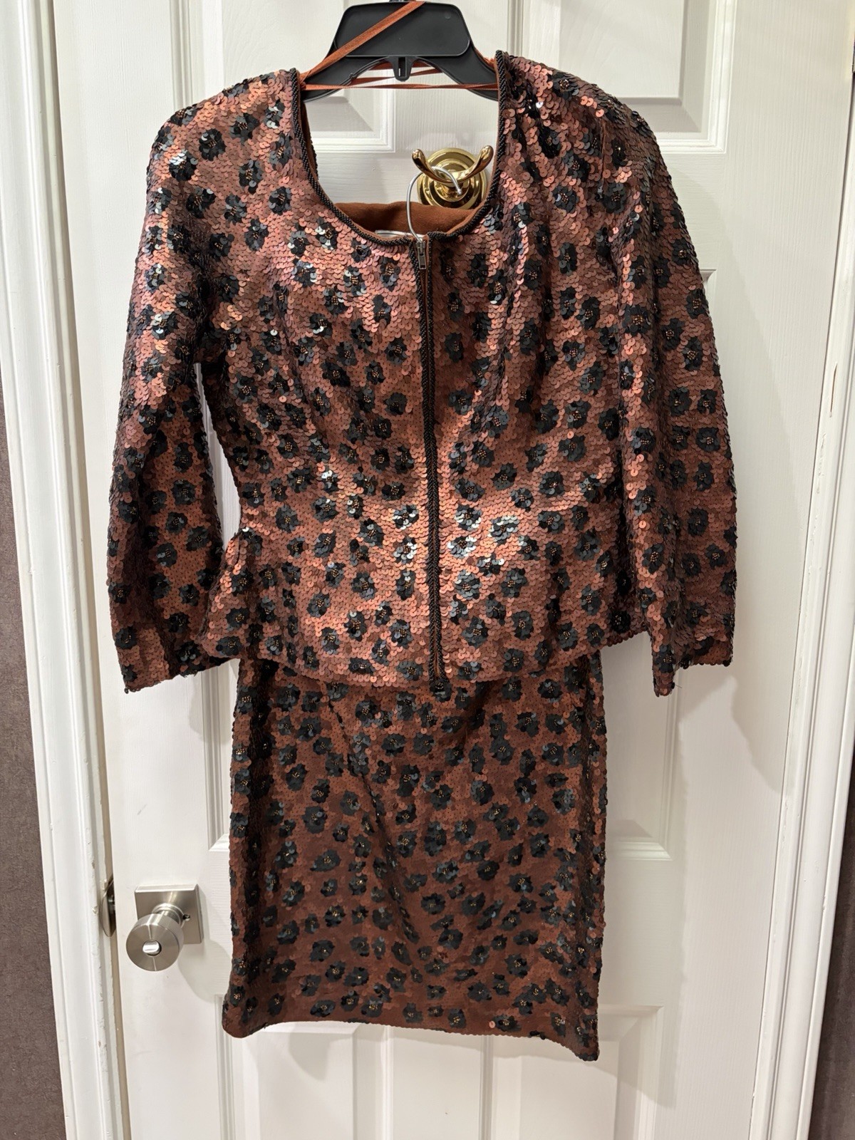 Vintage 1990s Carmen Marc Valvo Sequin Skirt & Jacket Size Small Leopard