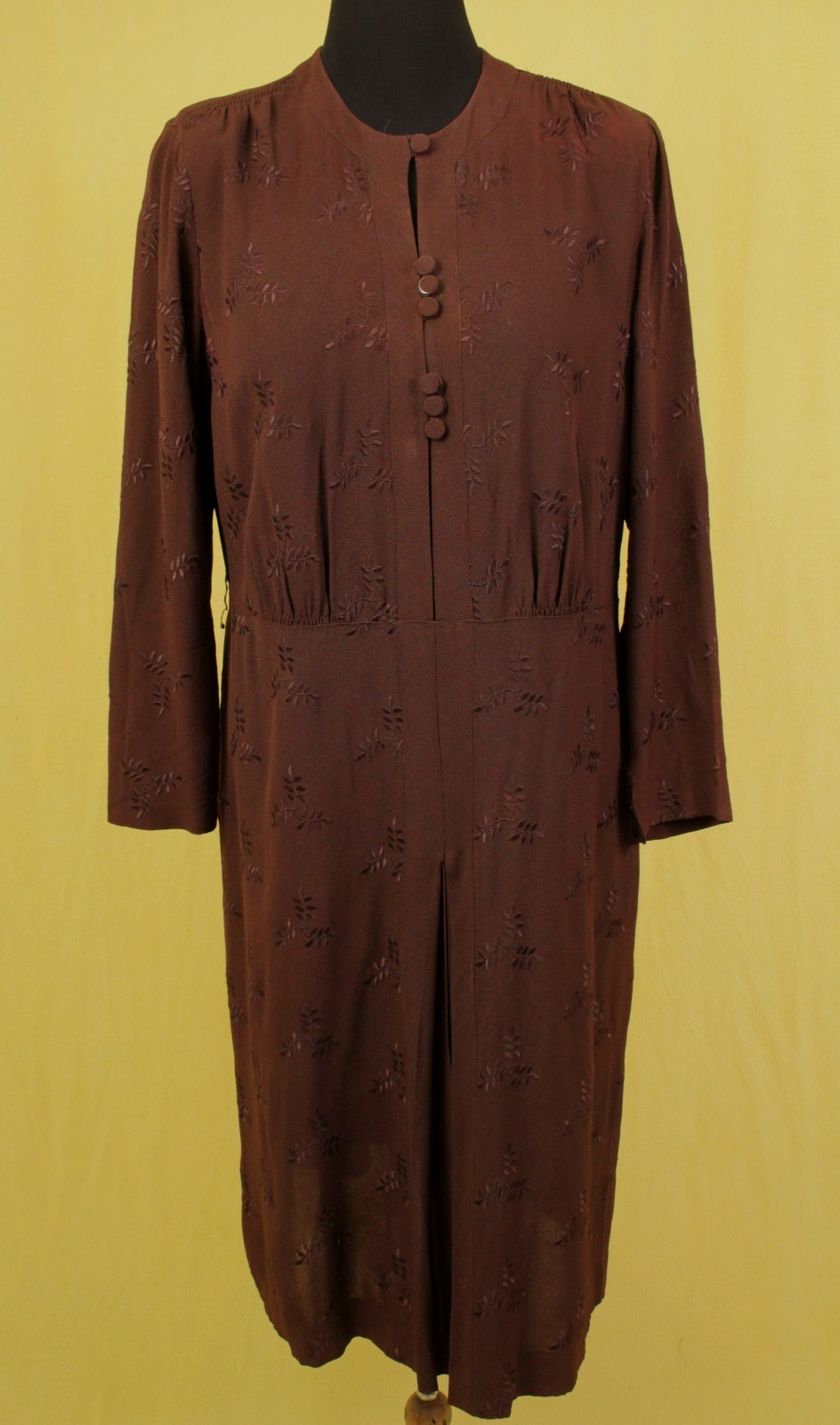 VTG Women’s 30s Brown Embroidered Long Sleeve Rayon Dress Sz XL 1930s Ladycraft