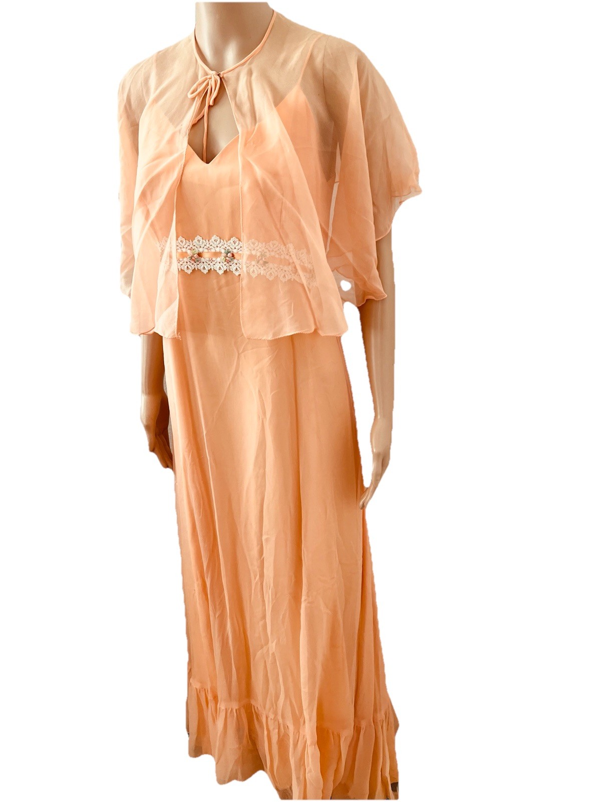 VTG 60s Peach Chiffon Maxi Dress Capelet Floral Lace Ribbon Trim Hemline Damage