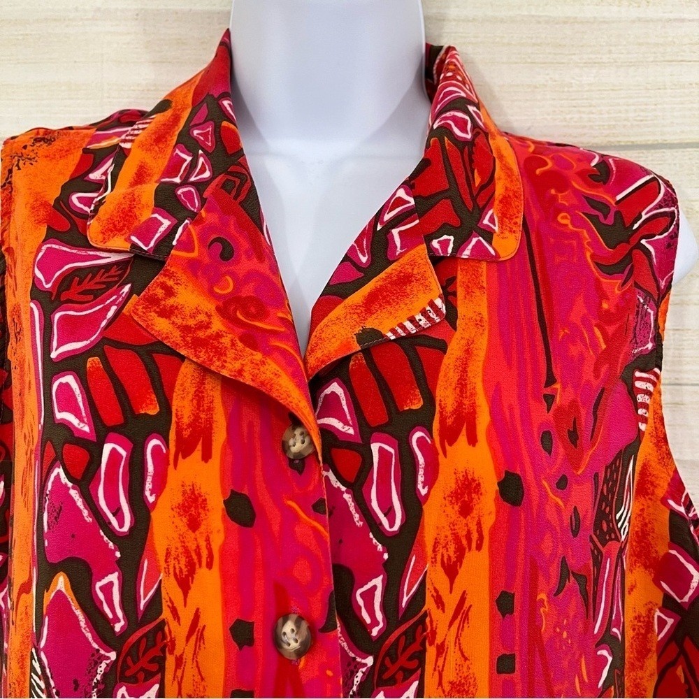 Casual Corner Blouse Womens Medium Silk Pink Orange Print Button Sleeveless VTG