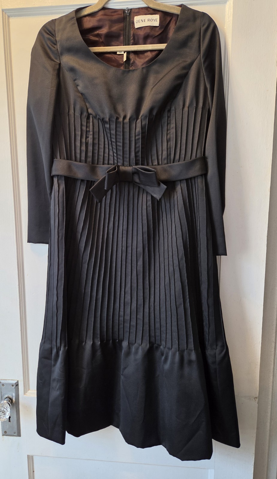 Vintage 80’s Gene Roye Black Satin Pleated Fit And Flare Dress. Bow At Waist.