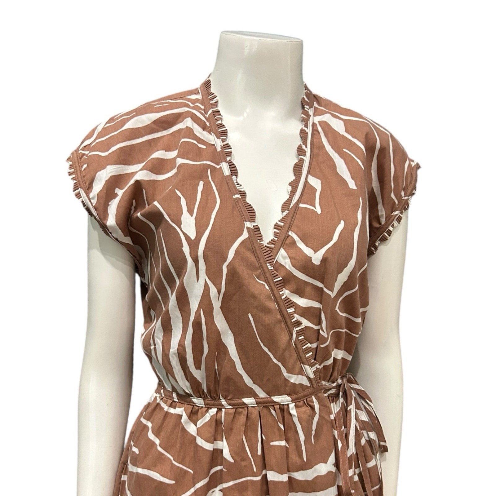 Vintage 1970s Bill Tice Zebra Print Wrap Dress Brown White XS Tie Waist ^