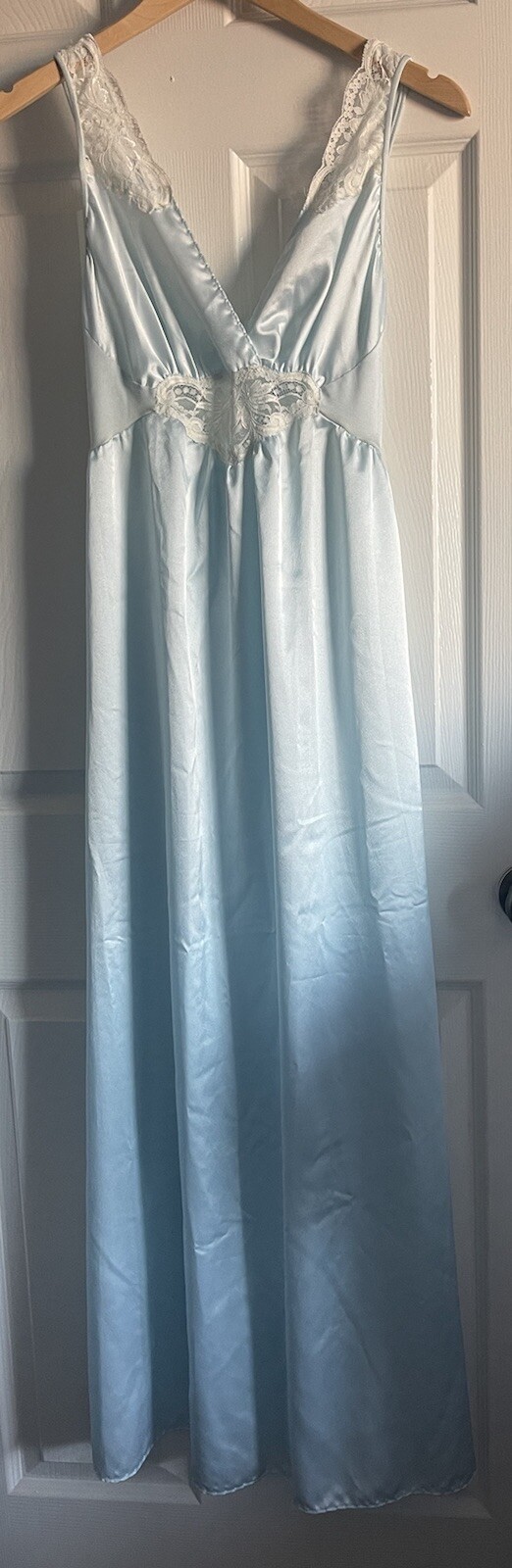 VTG Olga Designer Collection Gold Label Nightgown S Gown Satin Lace Blue 92195