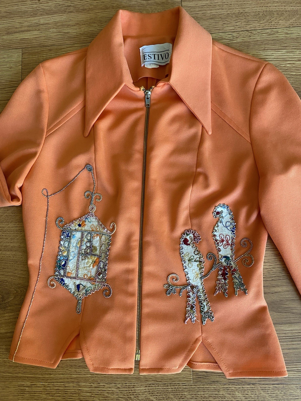 Vintage Orange Embroidered Bird Jacket with Dagger Collar Women’s