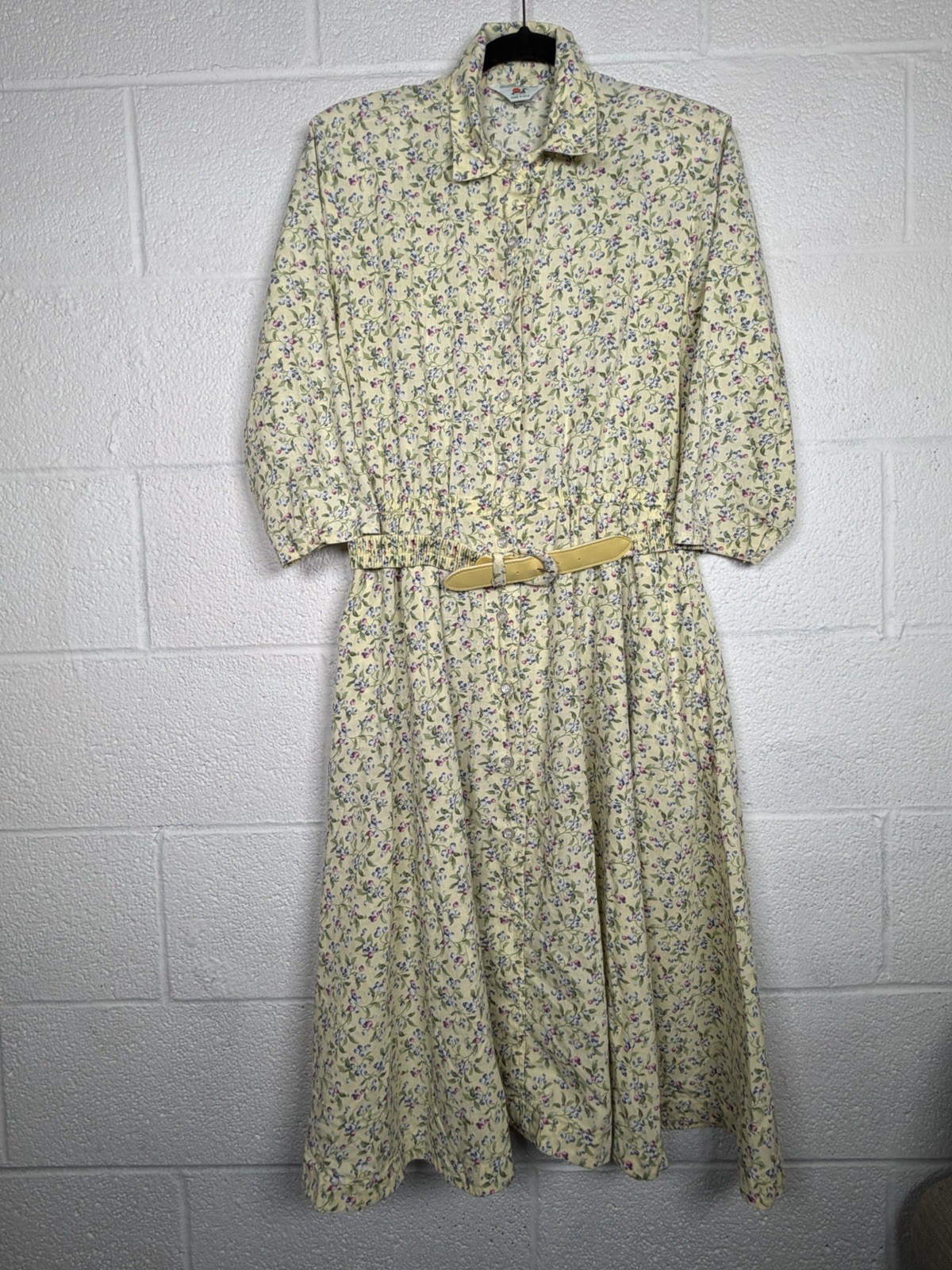 Vintage 90s Floral Shirt Dress Cottagecore Yellow Blueberry Midi Belted M/L USA