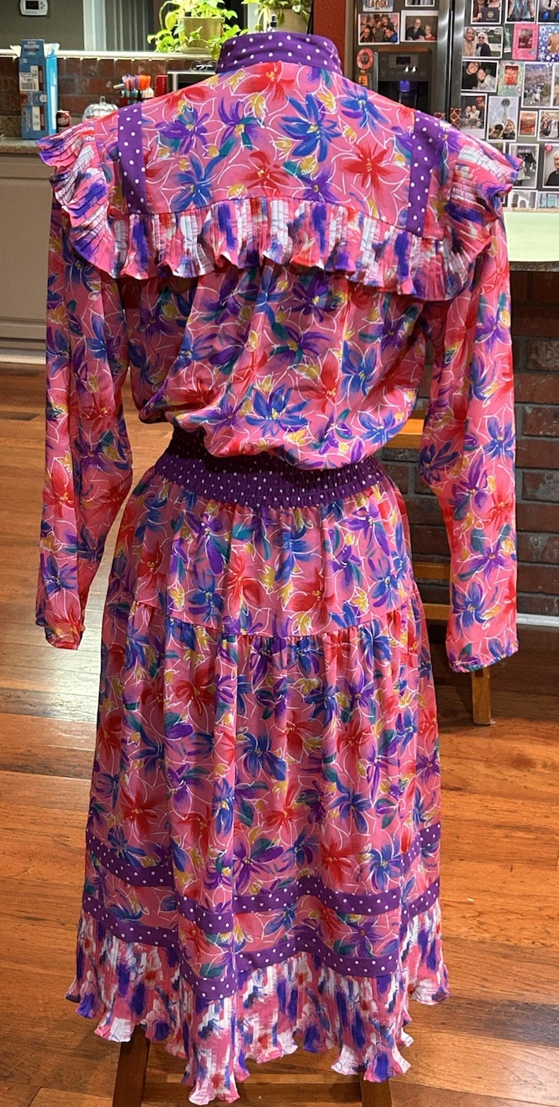 Vintage Lachine Hong Kong Pleated Ruffle Pink Purple Long Sleeve Dress P Small