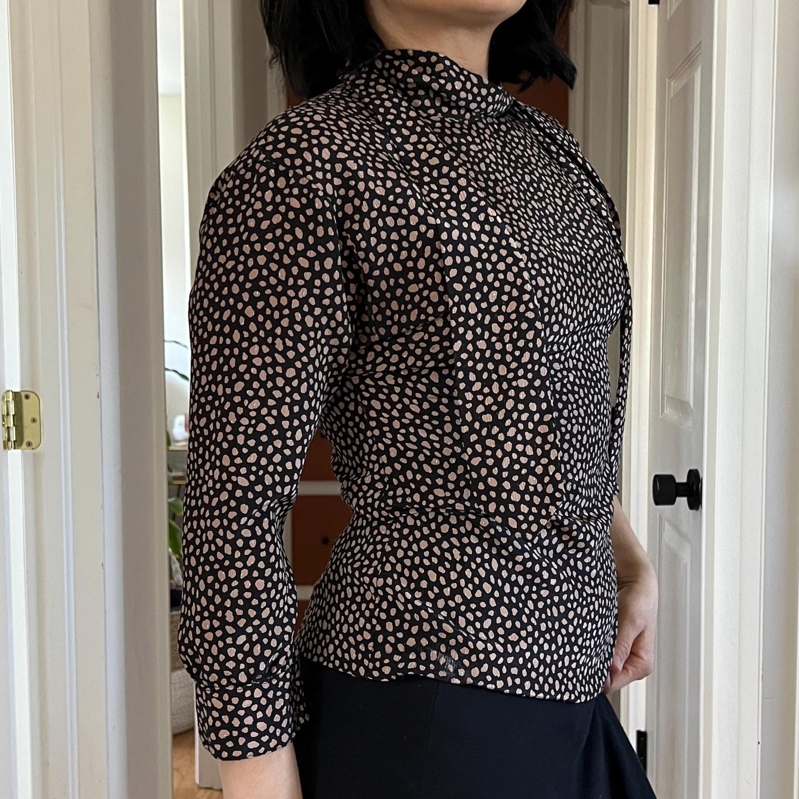 vtg 80s animal spot XS cravat button down blouse brown black neutrals