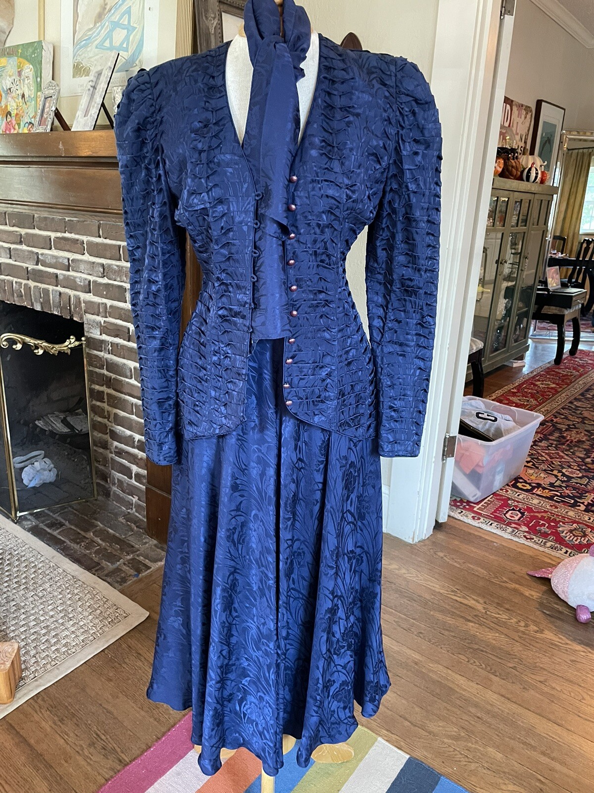 Vintage Judy Hornby Suit Skirt Set Small Navy Silk