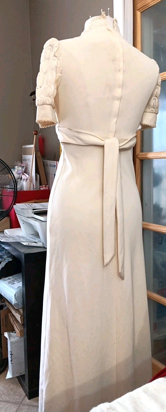 70s Maxi Lace Bodice Empire Waist Cream Crocheted Trim Handmade Wedding Vintage