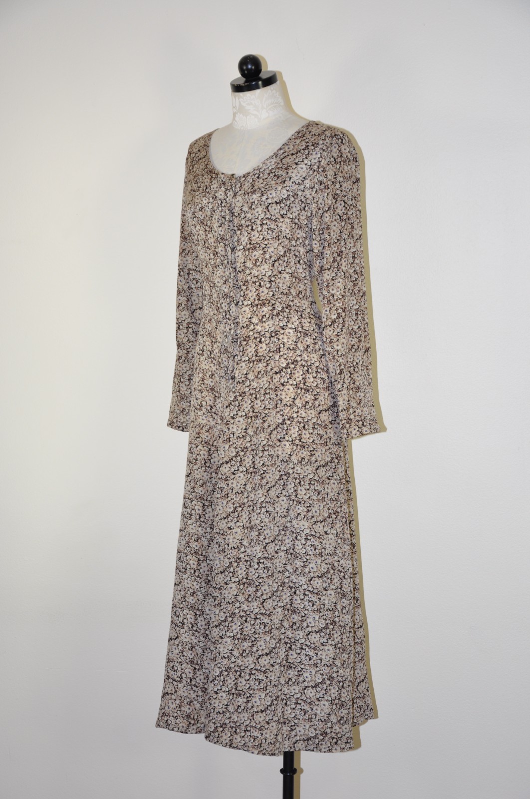 90s Vintage Brown Romantic Floral Long Sleeve Tie Back Grunge Dress Women S M