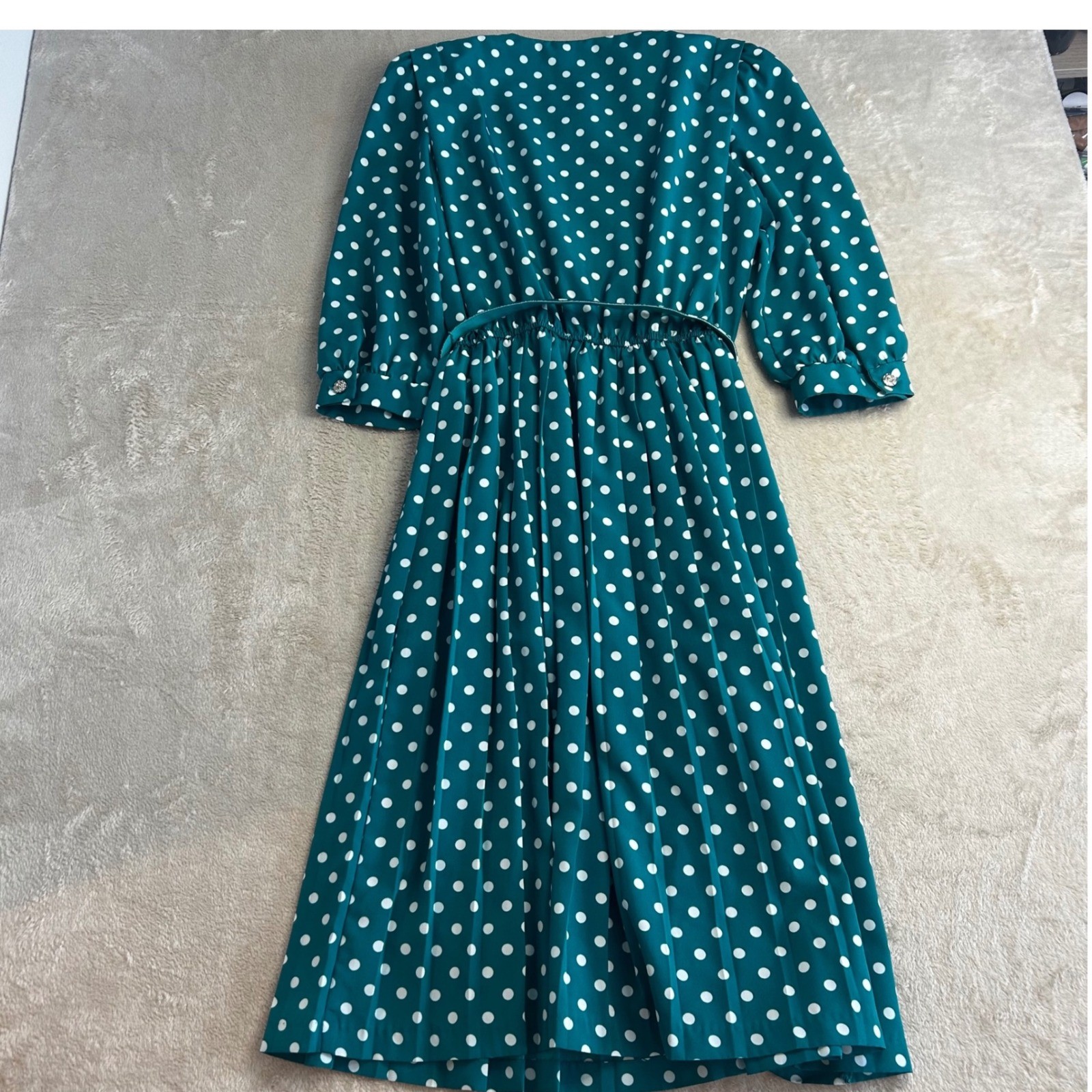 Vintage S/M 80s Lady Carol Petite Teal White Polka Dot Pleated Dress Belted Midi