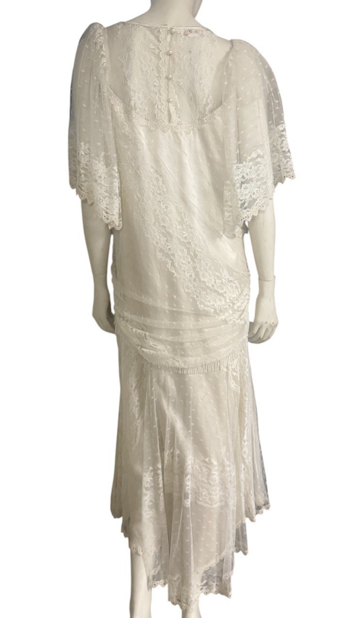 Vintage 80s Lorrie Kabala Lace Dress Bell Sleeve Boho Bridal New Size S M 8 Prom