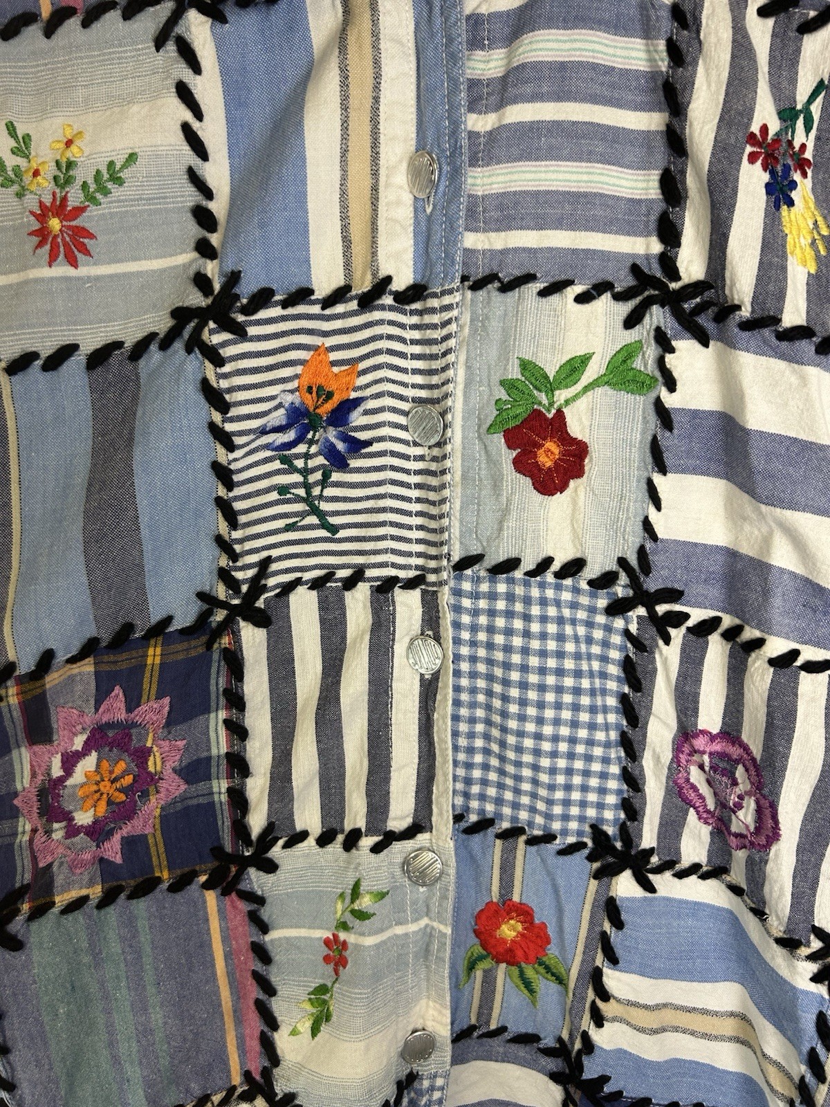 Vintage 90s Jou Jou Patchwork Embroidered Sleeveless Top Vest Button Up L Boho
