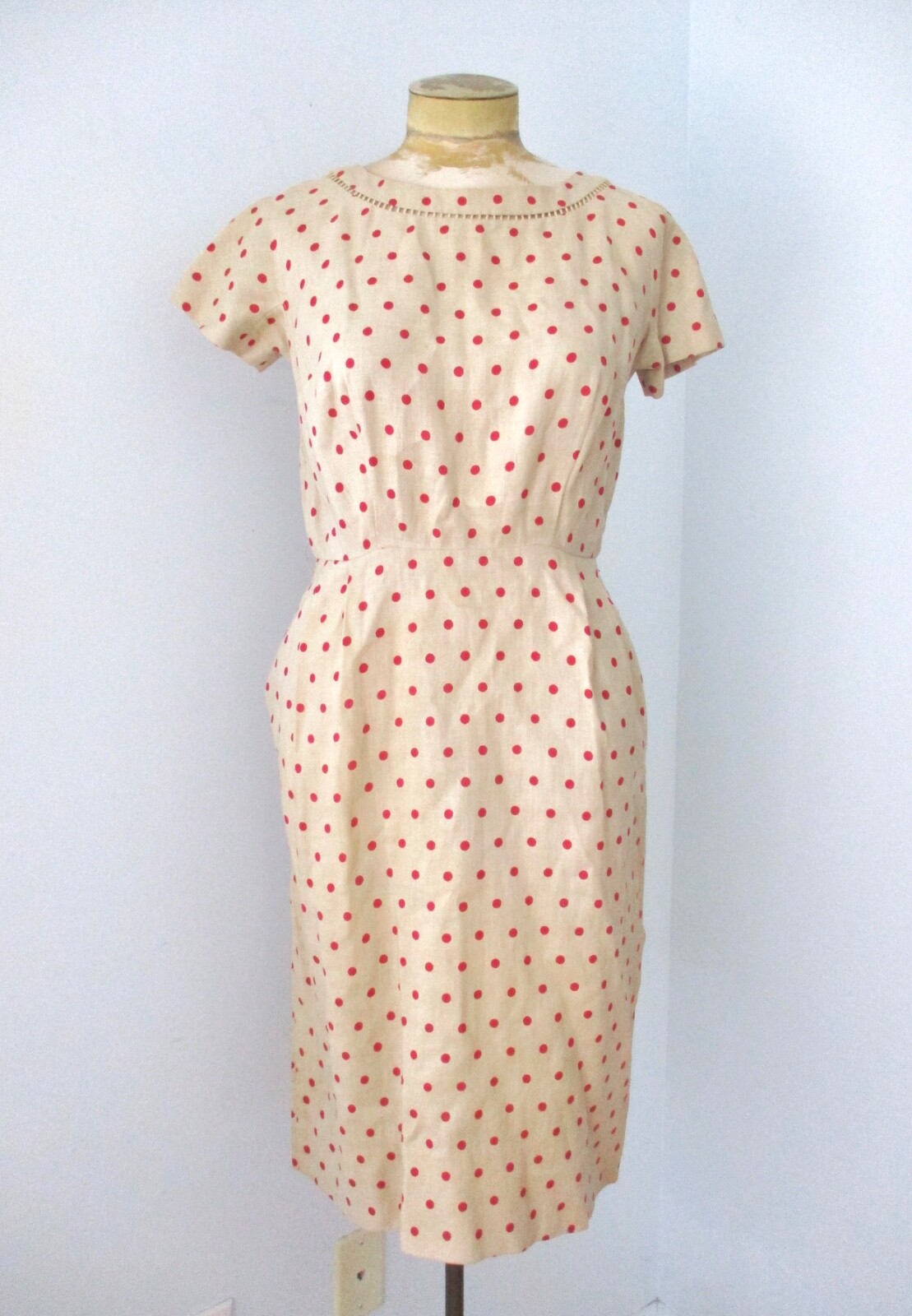 Vtg 50s 60s tan brown red polka dot 2-pc secretary dress cropped jacket suit M