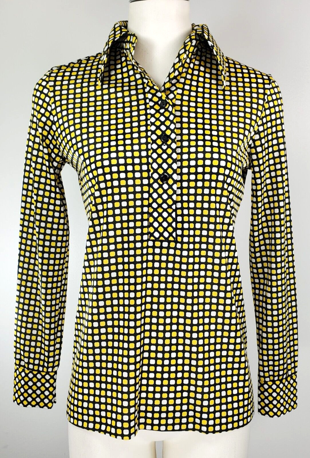 Vintage Alex Colman Top – Size 10 – Black, Yellow, & White Print