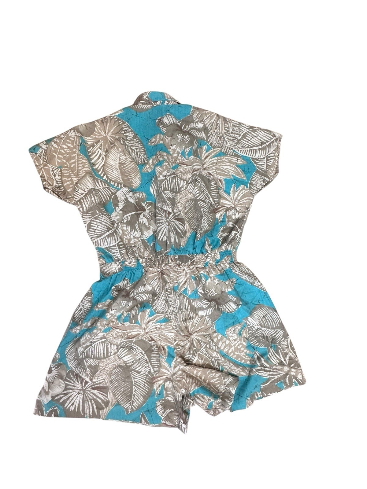 VTG French Navy 80s Floral Romper Elastic Waist Tropical Cottagecore Resort S/M