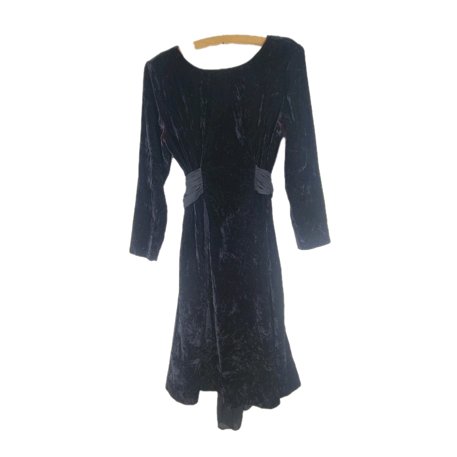 Vintage Black Velvet Dress Sheer Crepe Waist Belt Bow Velour Goth 6 Medium USA