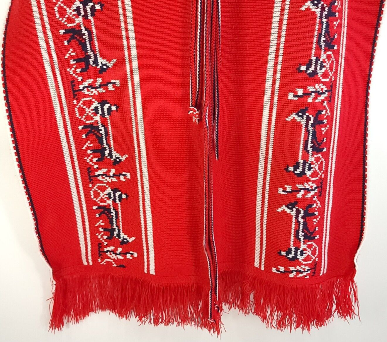 Vtg Handmade Poncho Folk Horses Print Amish Theme Multicolor Stripes Fringe Hem