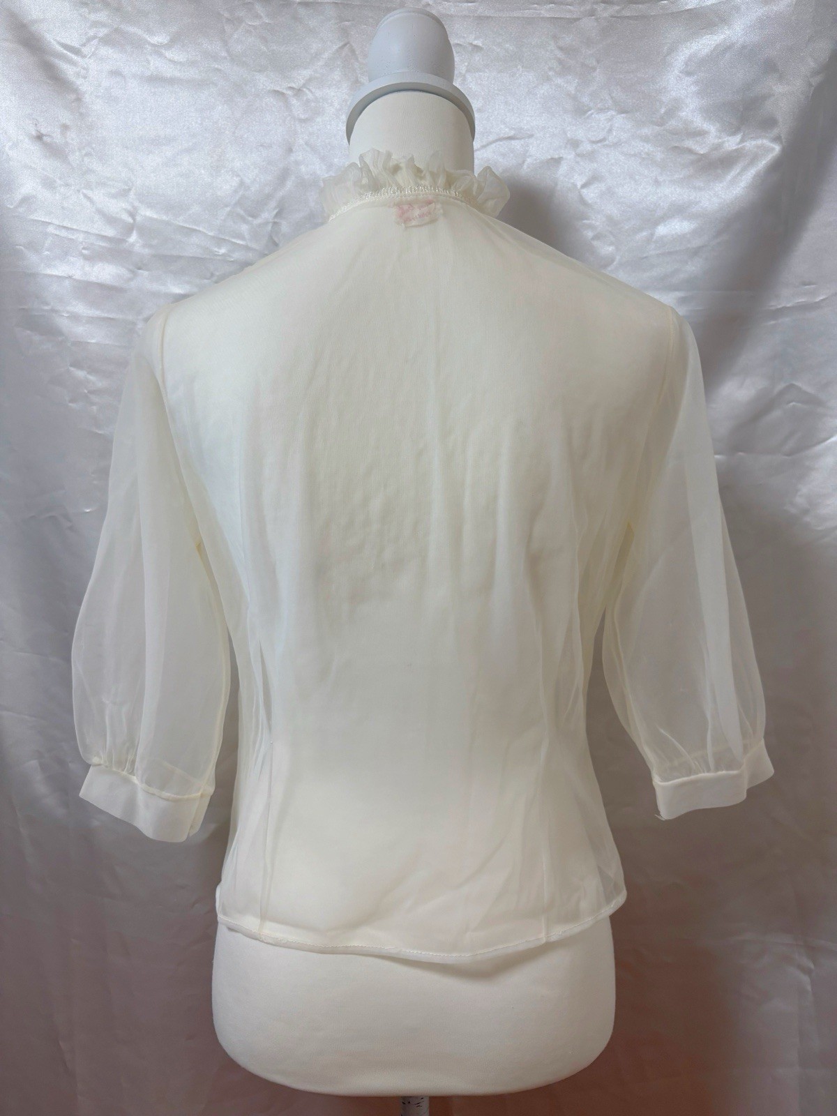 Vintage 60s 70s Nylon Chiffon Ruffled Blouse Lingerie Sheer Top Peplum USA Made
