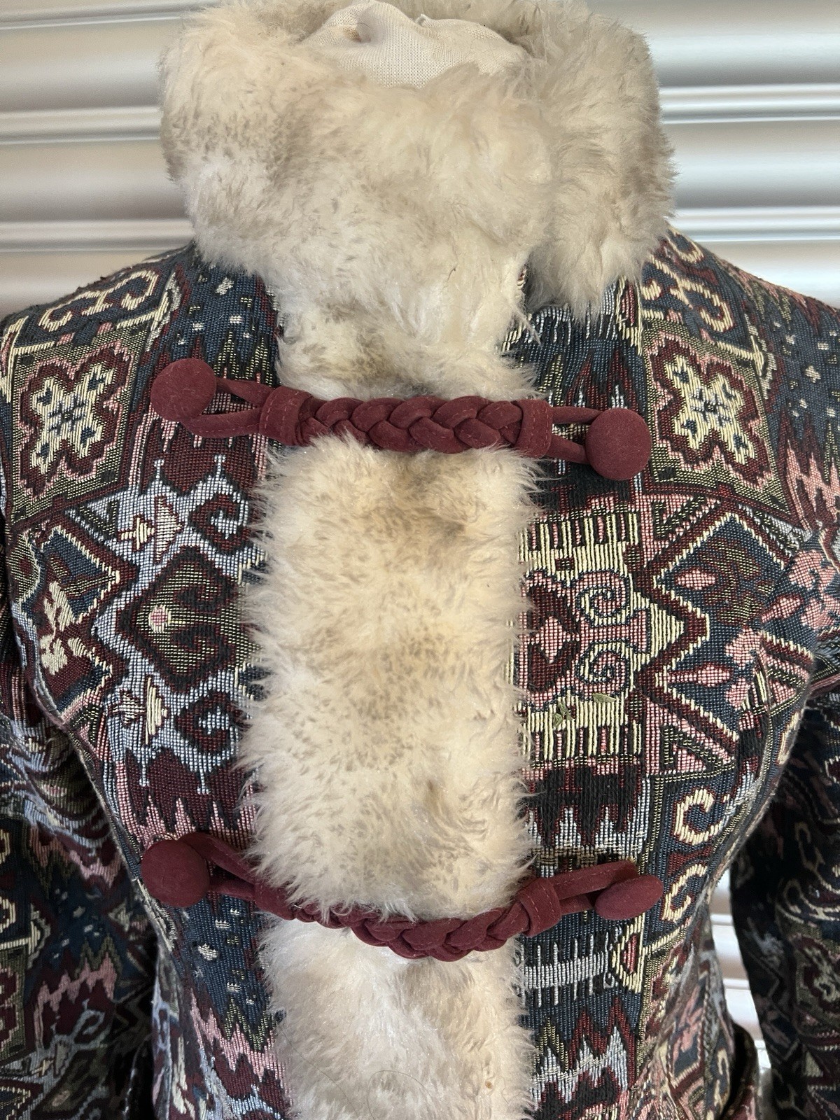Vtg 60’s Boho Tapestry Carpet Coat Faux Fur