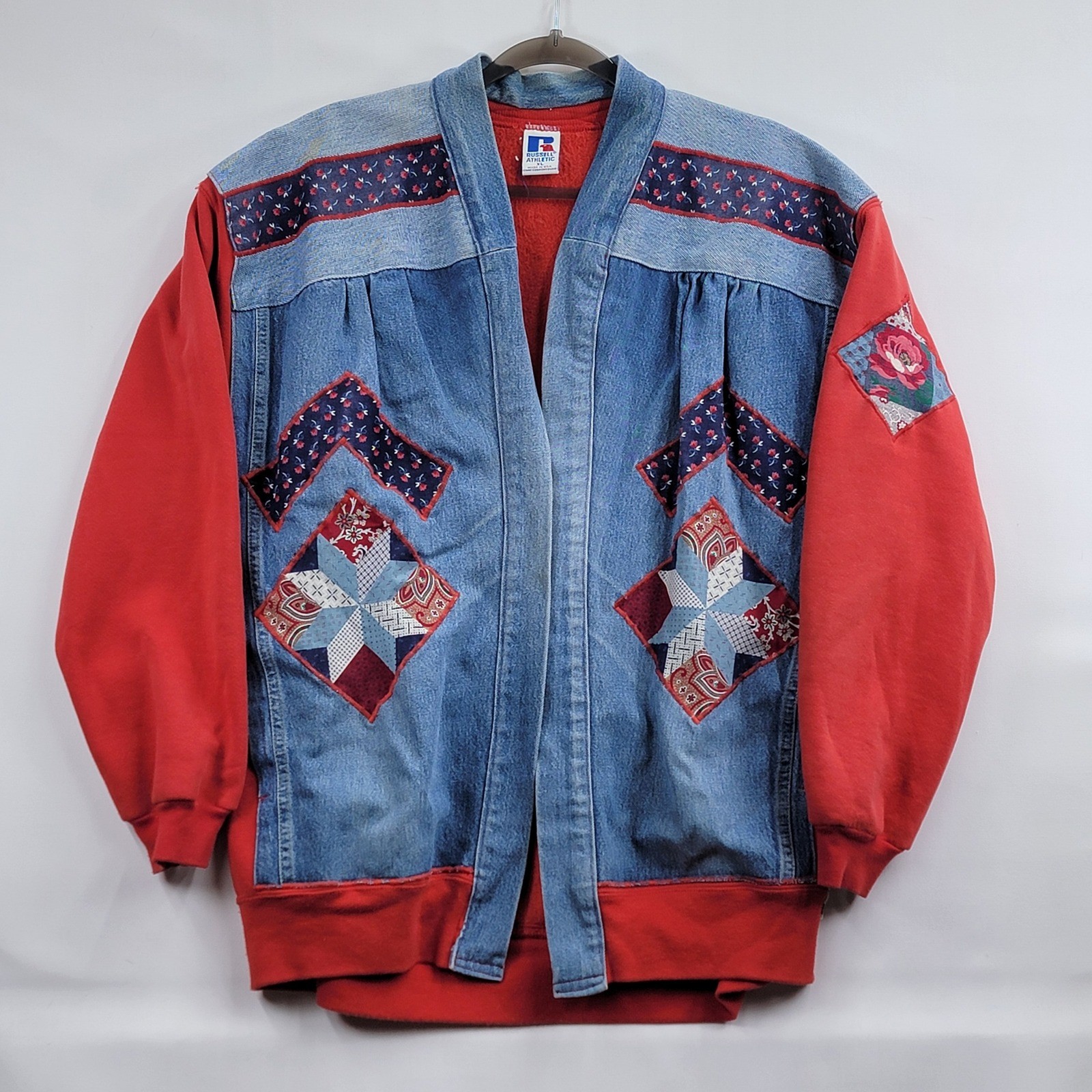 Vintage Reworked Denim Patchwork Jacket Red Sweatshirt Womens XL Pre-owned