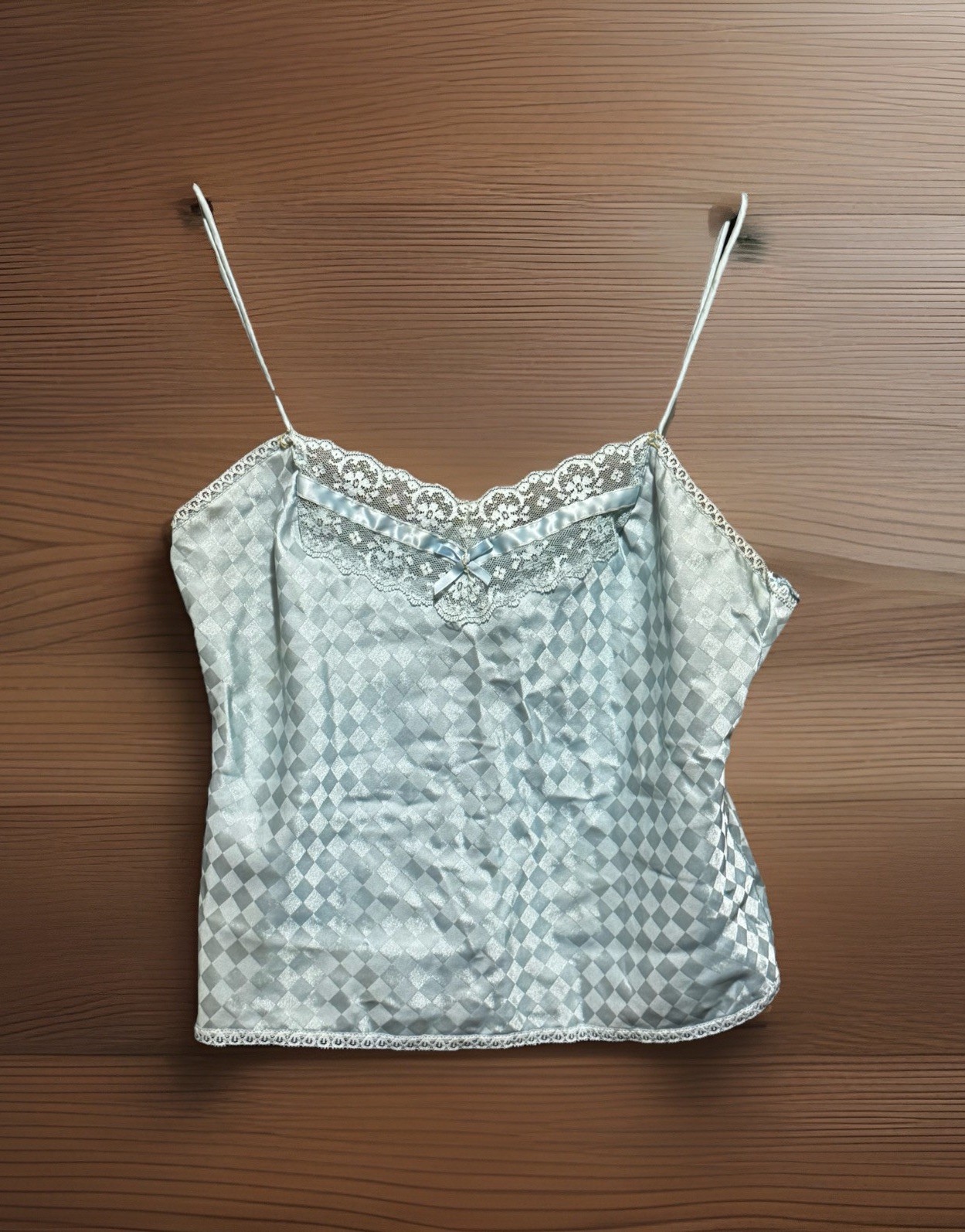 Taryn Alexander Camisole Top Blue Lace Trim Diamond Pattern Vintage 1970s