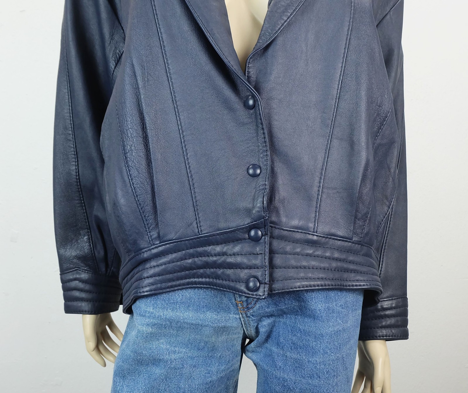 80s true vintage LEATHER JACKET blue oversized cut wide sleeves size S/M