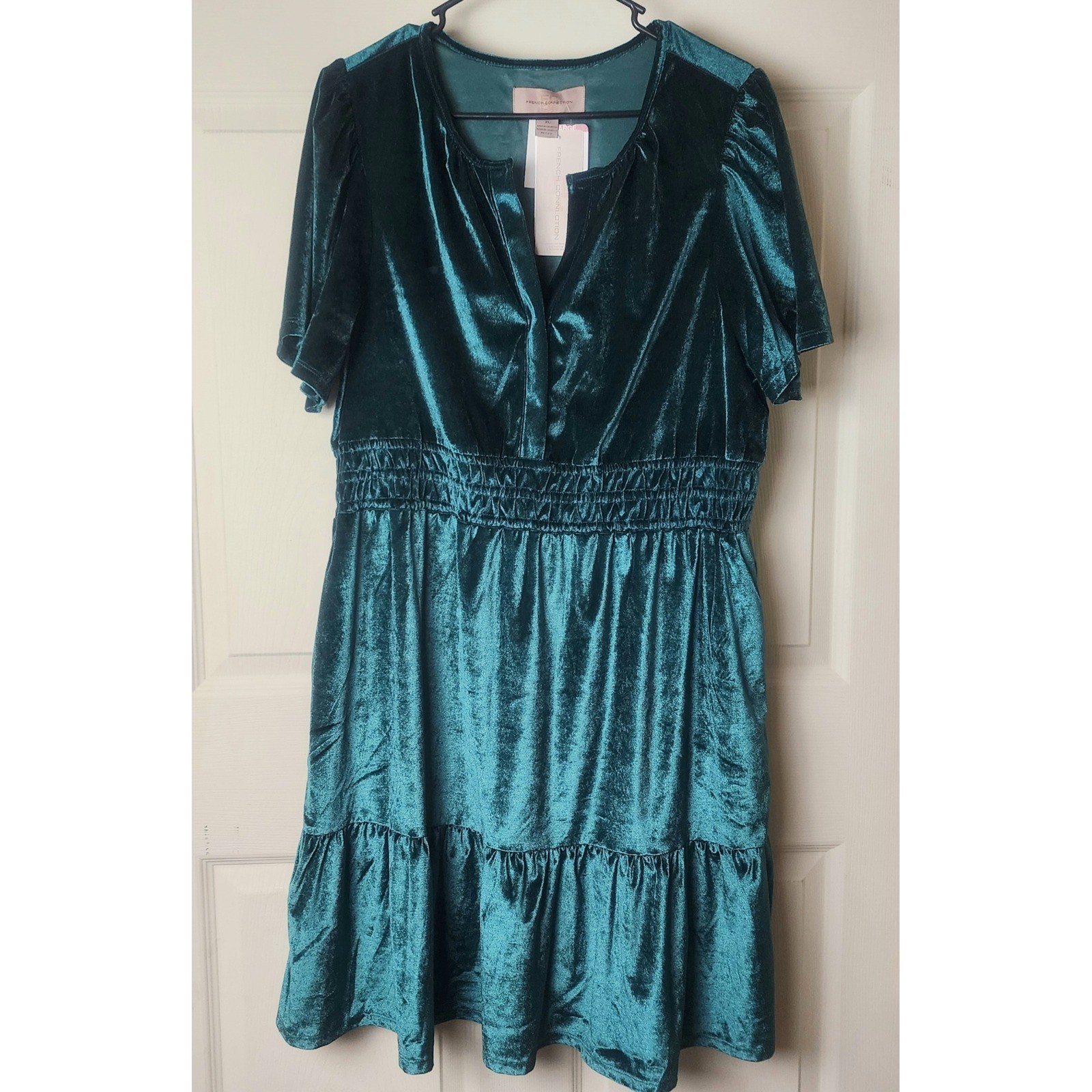 French Connection Forest Green Babydoll Velvet Dress XL V Neck Party Cocktail