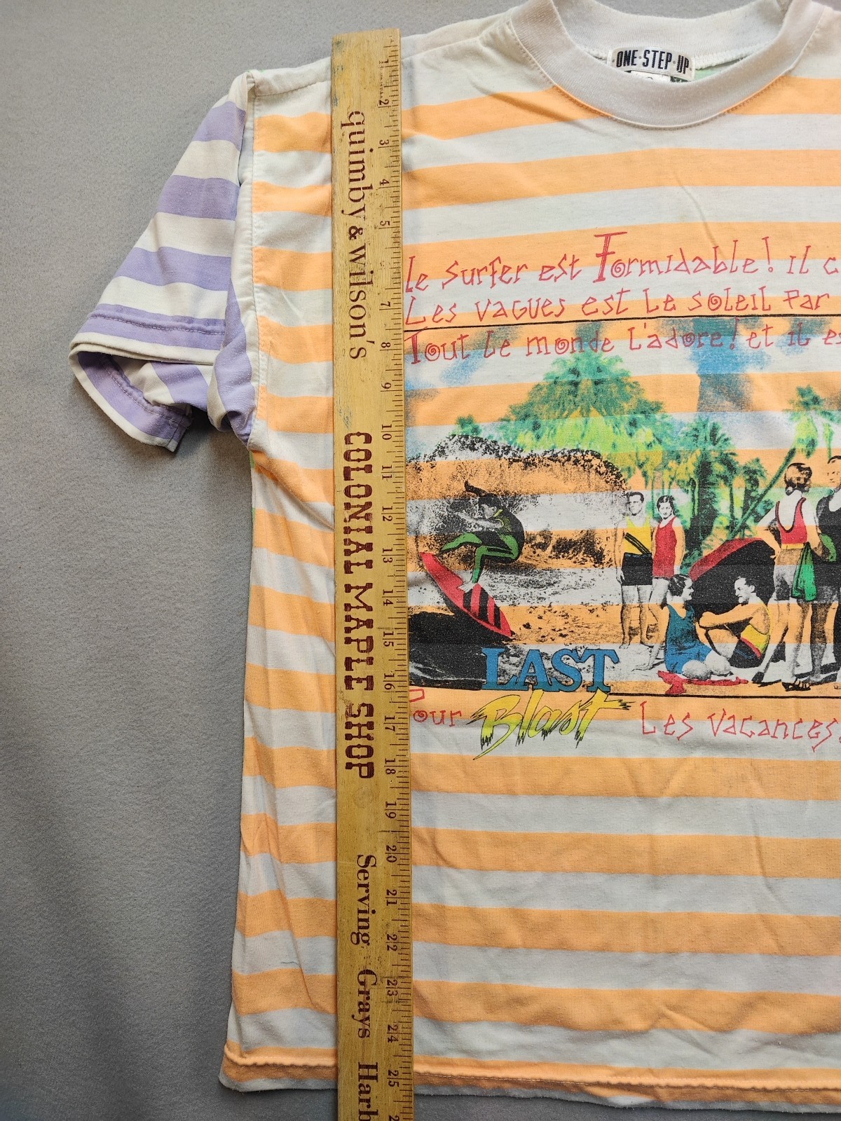 One Step Up Vintage 1980s French Multi-Color Striped Tee Couples Beach/Surfers