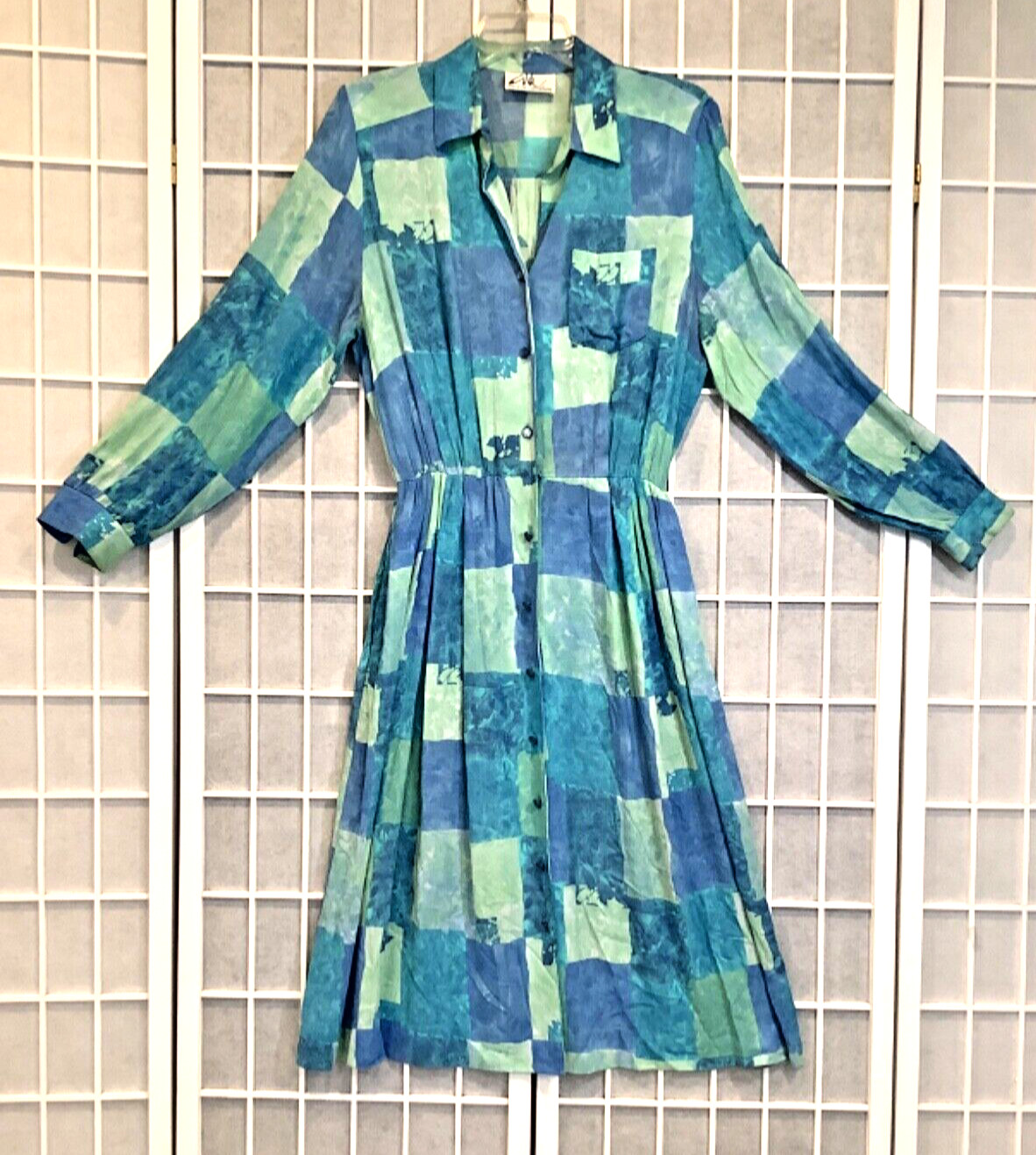 Willi Of California Vtg Blue Green Button Front Dress Sz L / XL See Measures