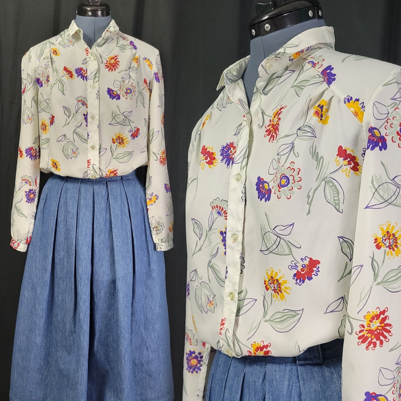 Vintage College Town Pale Green Blouse w Red/Yellow/Purple Florals Size M/L?