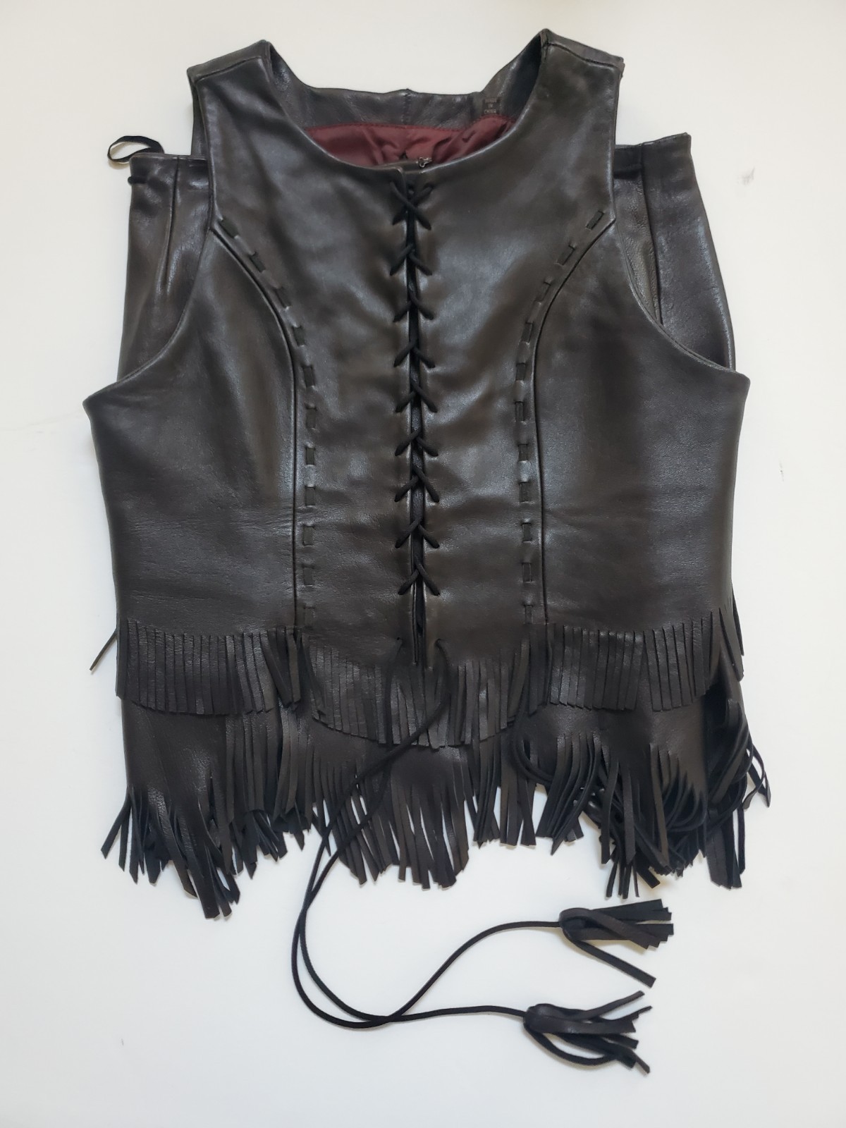 Vtg Women’s Fringe Black Leather Biker Vest and Skirt Two Piece Set Medium EUC