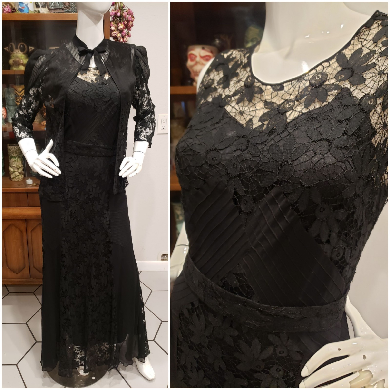 Vintage 1930s Spider Web Lace Silk Chiffon Three Piece Jacket Dress Set Sm