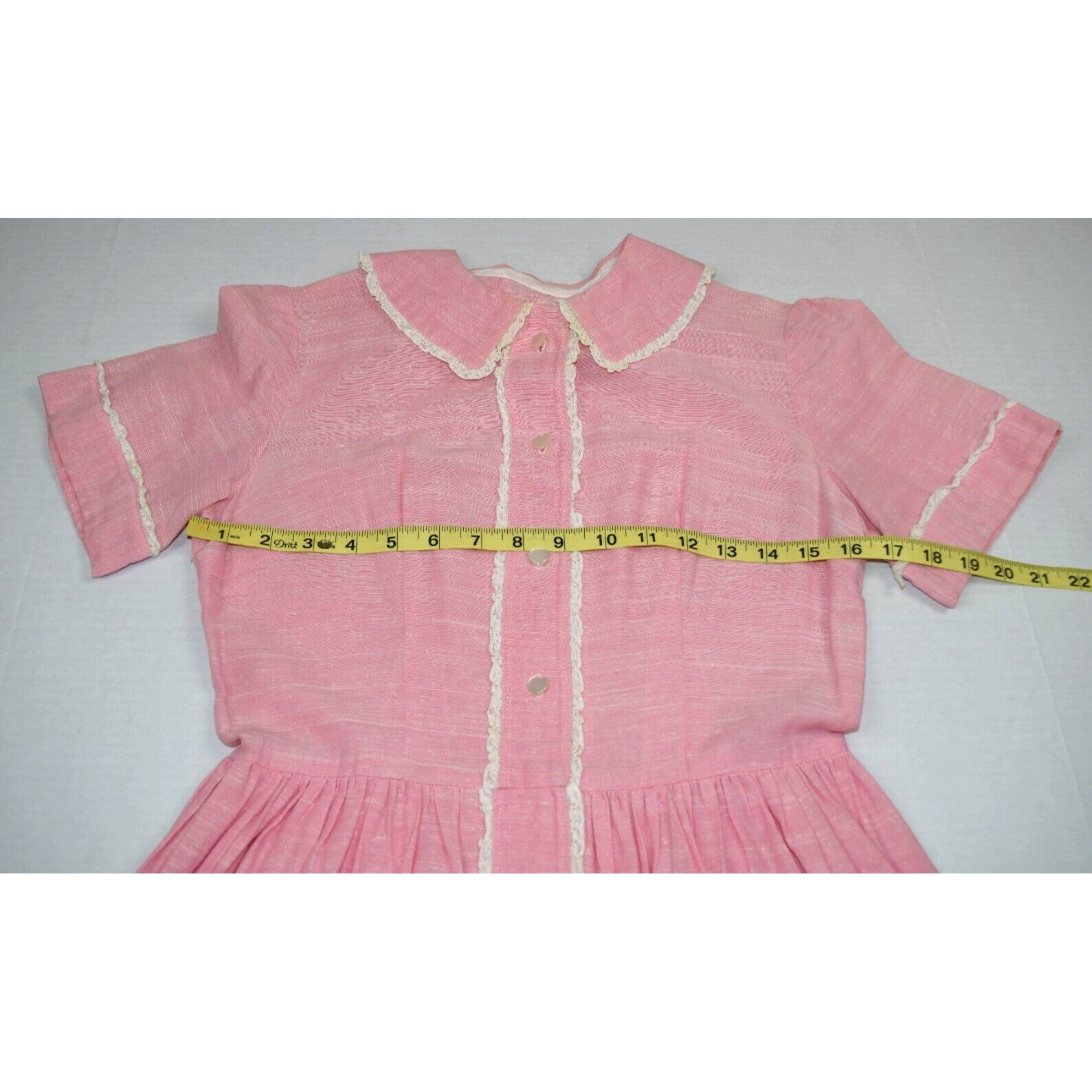 Vintage Midi Dress Size S/M 50s Cotton Candy Pink White Lace Trim Heart Buttons