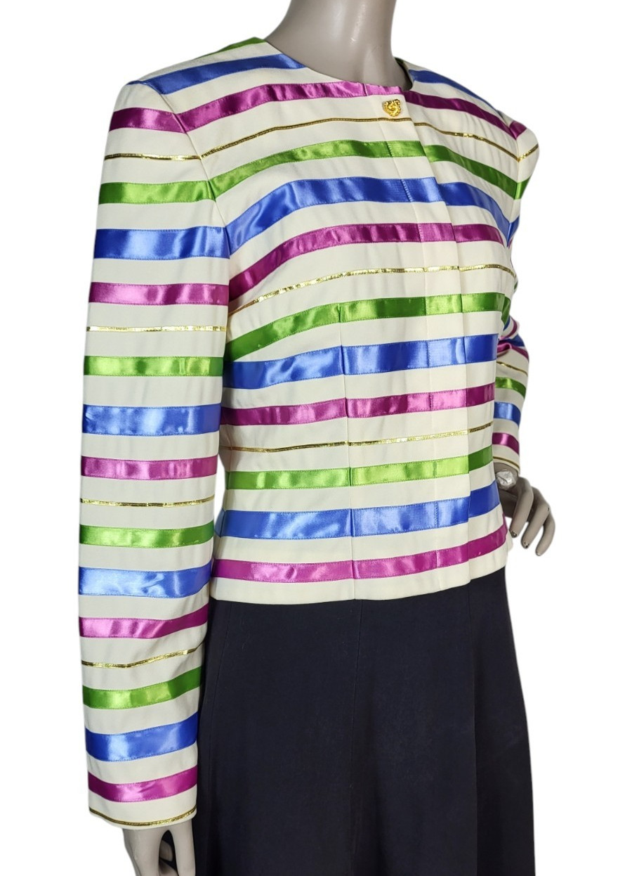 Vintage Satin Jewel Tone Metallic Ribbon Striped Blouse Jacket Maggy London
