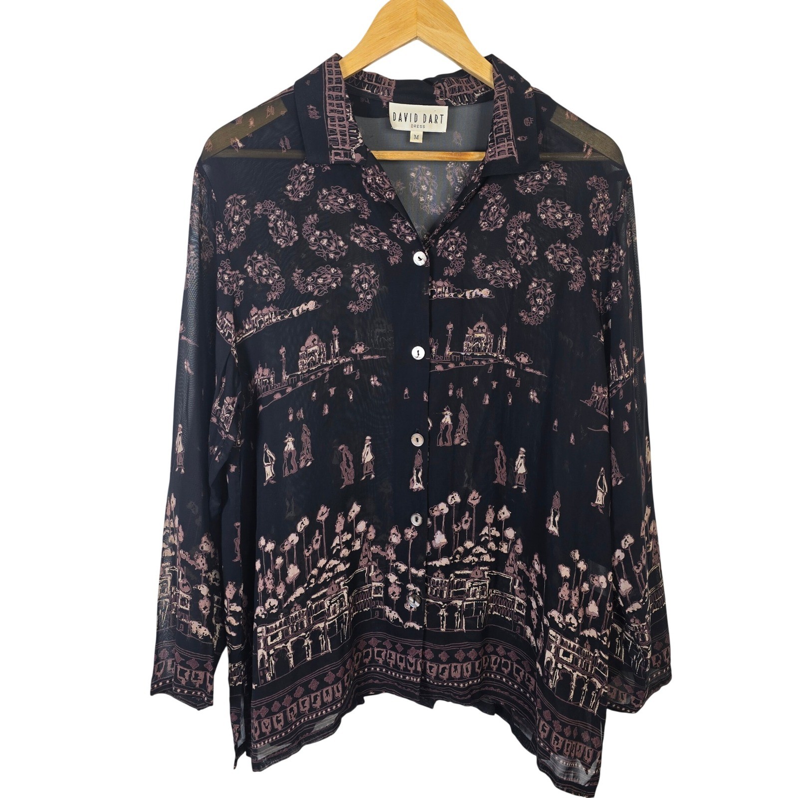 David Dart Vintage 90s Taj Mahal Scenic Print Sheer Rayon Blouse Black Mauve M