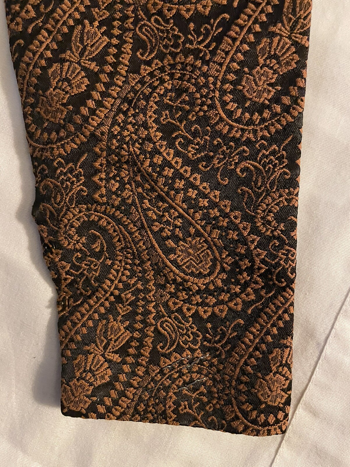 Vtg. Estevez Grenelle Brocade Brown Paisley Dress W/Black Velvet collar Sz S EUC