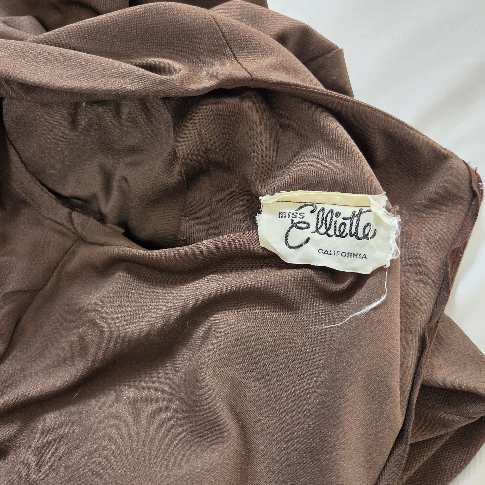 Vtg Miss Elliette CA Chocolate Brown Maxi Dress Deep V Long Sleeve Size S