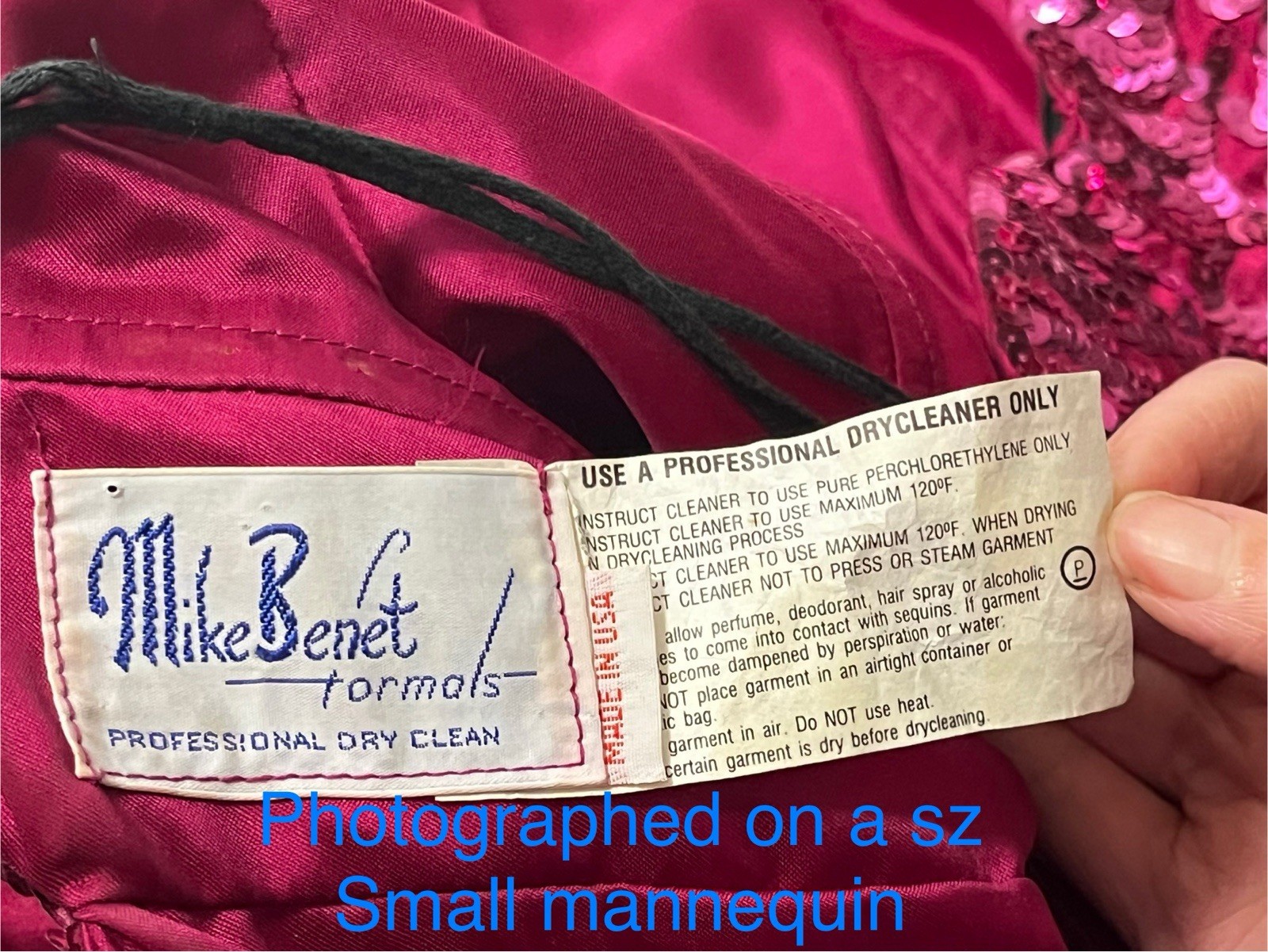 Vintage Mike Benet Satin 60s 70s Hot Pink Prom Formal Dress Sequin Scalloped