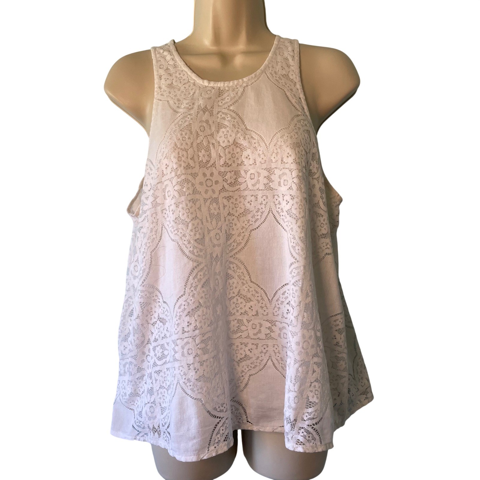 VTG Hollister Women’s Lace Overlay Tank Top Large White Lined Y2K Coquette FLAW