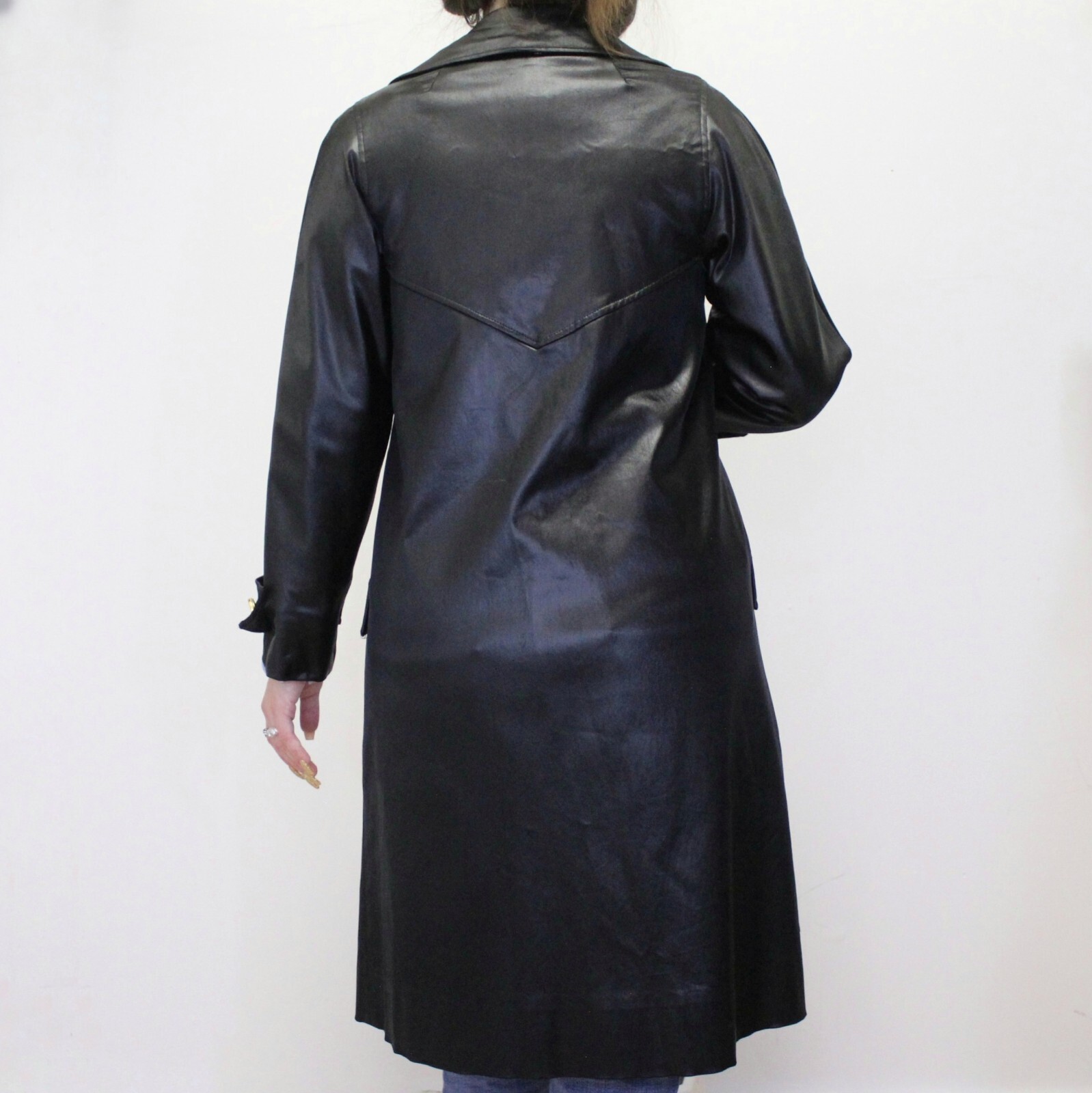 Vintage 60s Gothic Mod Black Satin Trench Coat by Count Romi Double Breasted