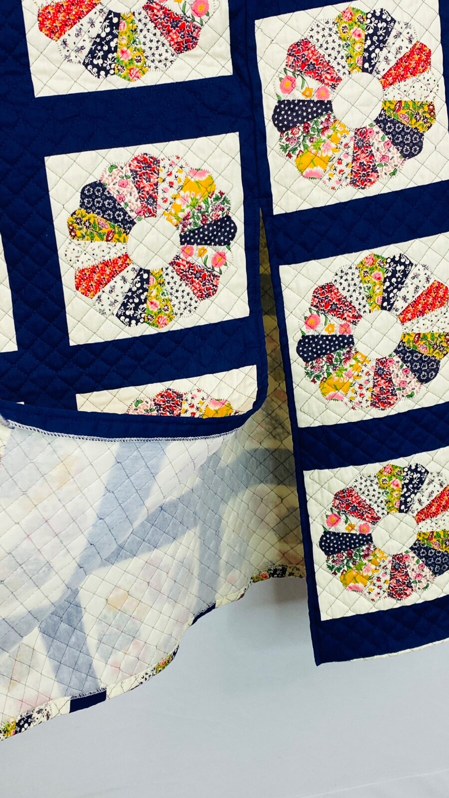 Vintage 1970s quilted maxi skirt, wedding ring quilt cotton rayon patchwork blue