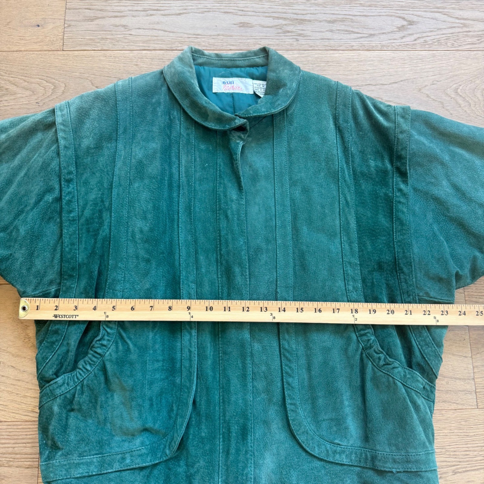 Vintage Avon Fashions Teal Green Suede Leather Bomber Jacket 80s Dolman Sleeve M
