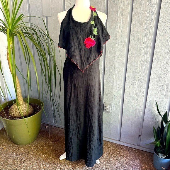 Vintage Young Edwardian Arpeja Black Dress Halter Straps Maxi Rose Gypsy Boho